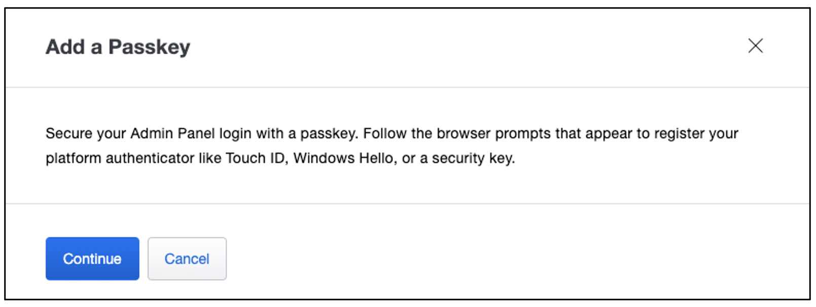Screenshot from Duo showing the "Add a Passkey" window