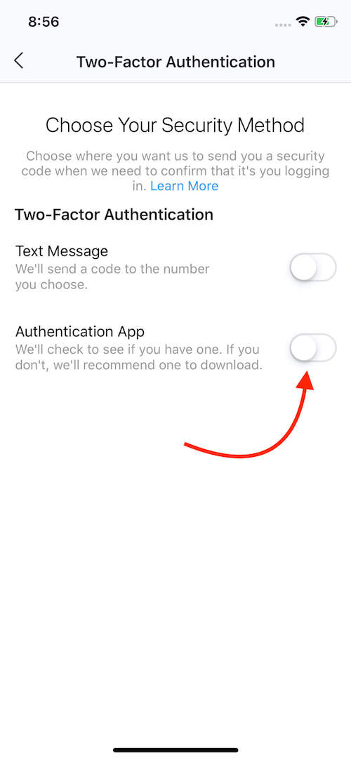 Two-Factor Authentication method selection screen with red arrow pointing to toggle for 'Authentication App'.’
