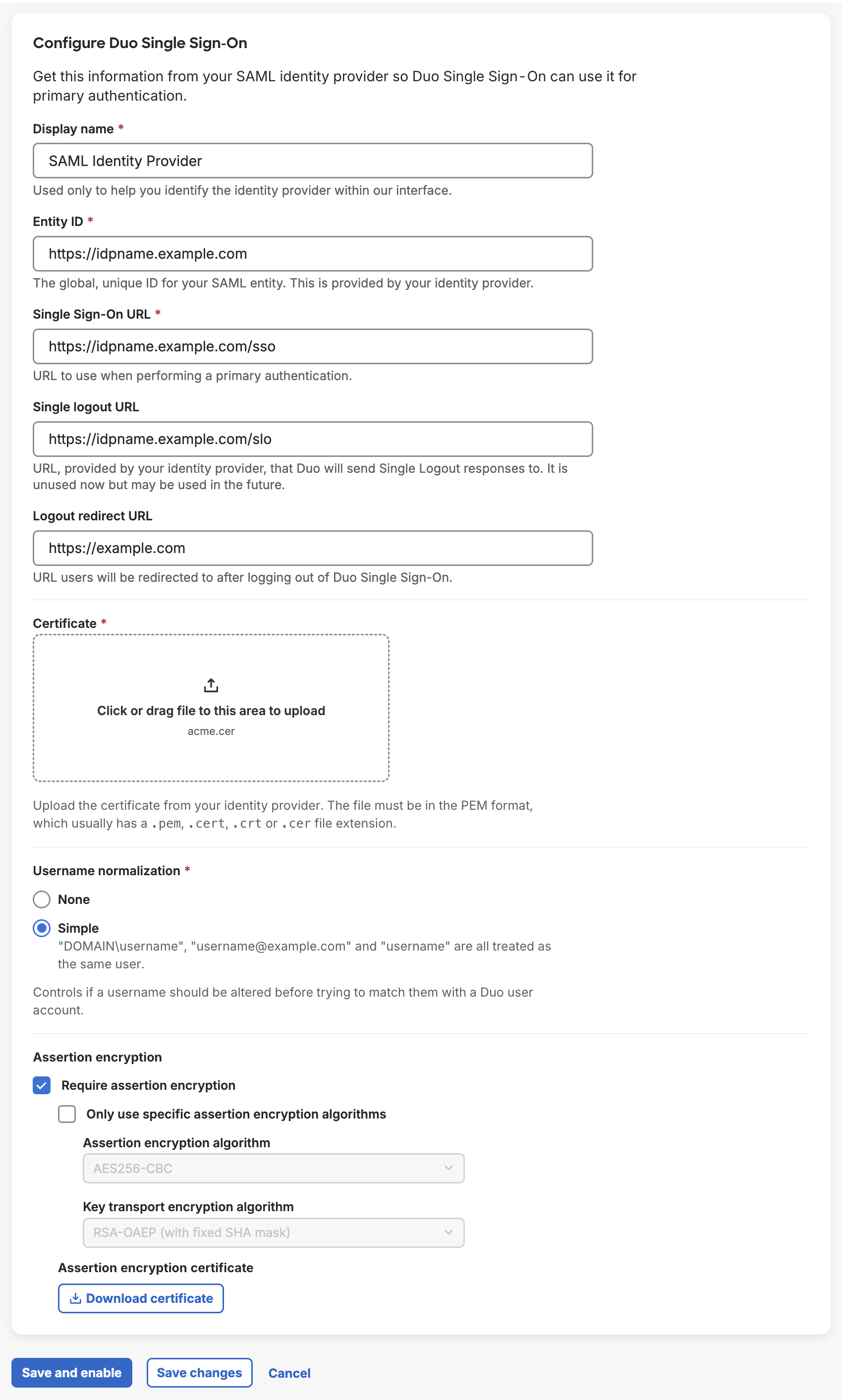 Configuring SAML Identity Provider for Duo Single Sign-On