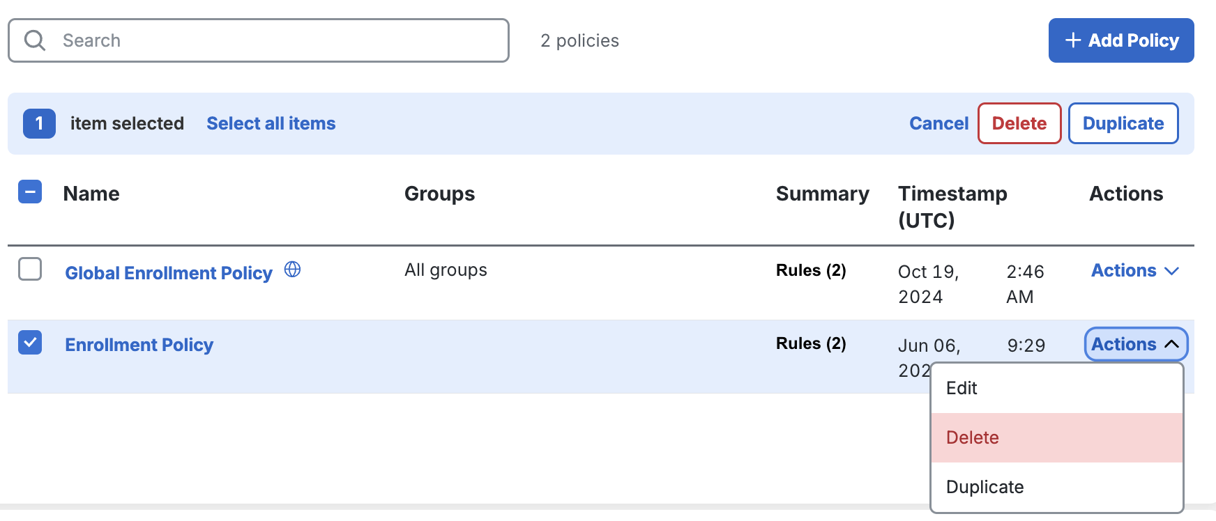 Delete Enrollment Policy