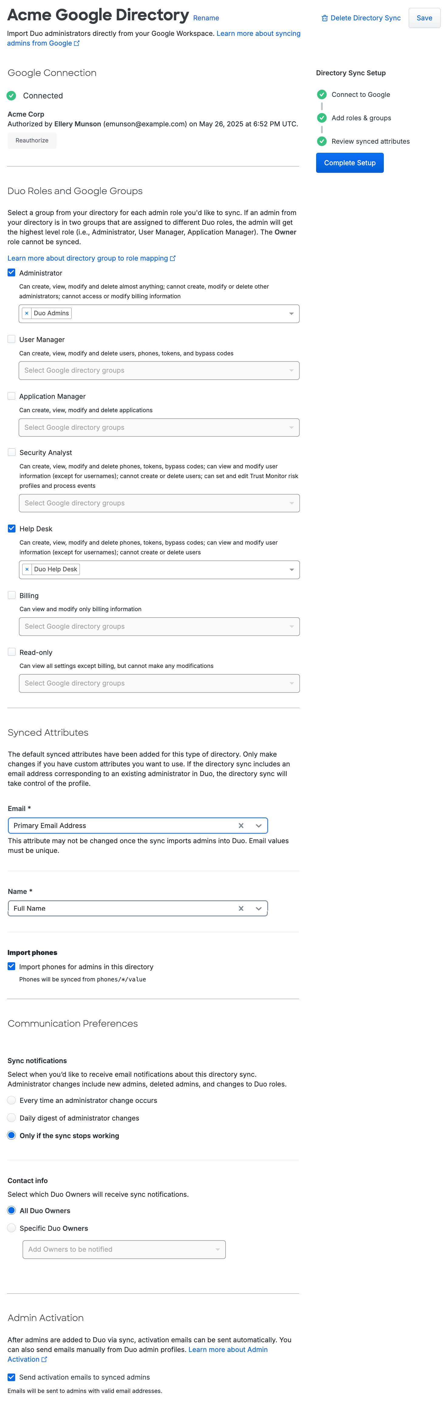 Configured Admin Google Directory Sync