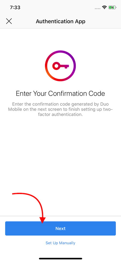 Instagram screen prompting user to enter the confirmation code from Duo Mobile with red arrow pointing to 'Next' button.