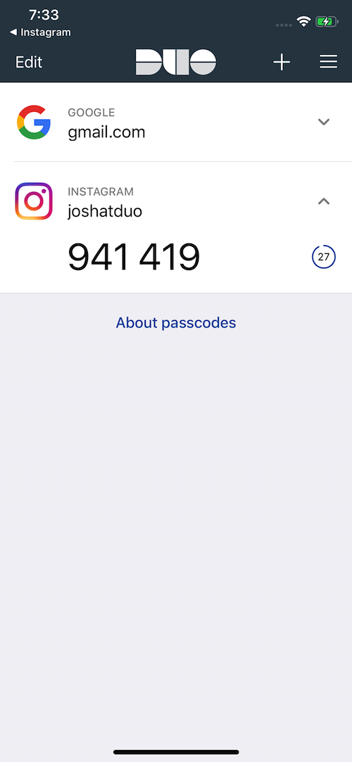 Duo Mobile app showing six-digit passcode for Instagram account labeled 'joshatduo'.