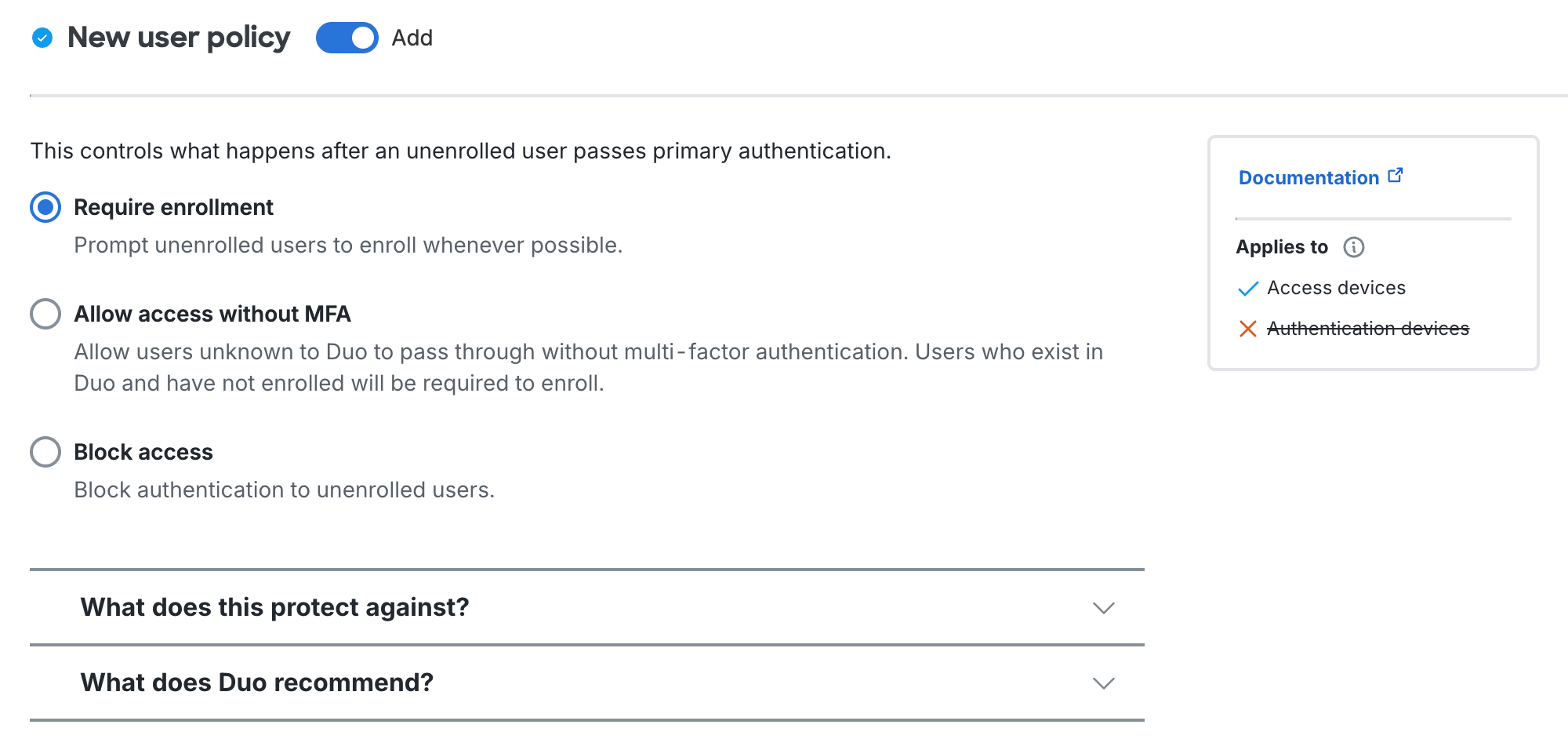 New User Policy Settings