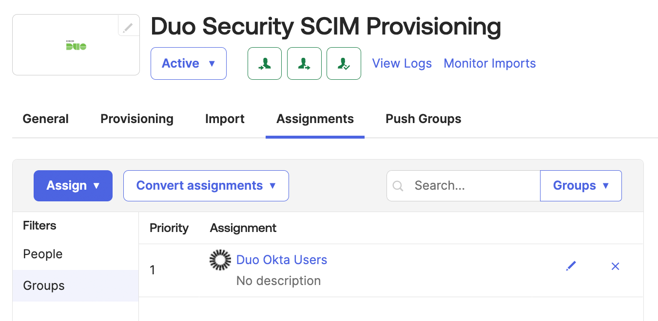 Okta Duo Security SCIM App Group Assignment