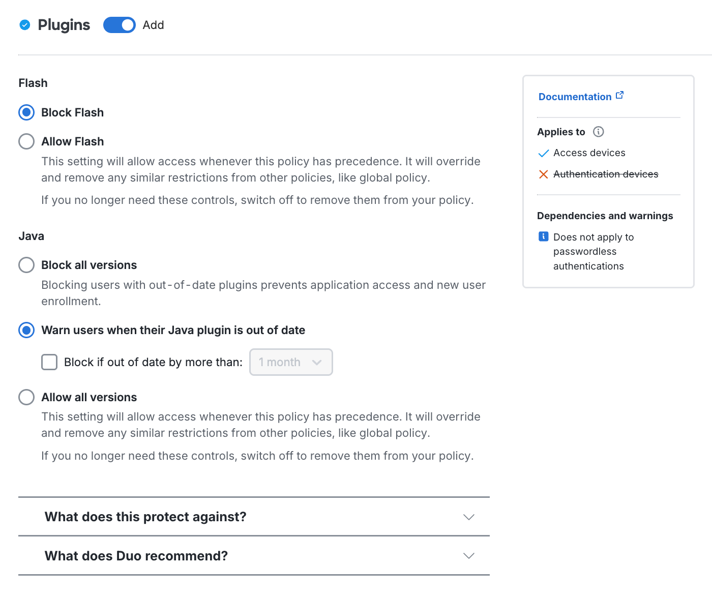 Plugins Policy Settings