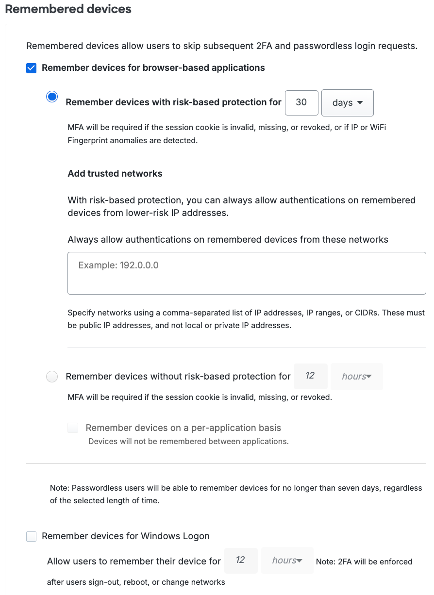Duo Risk-Based Remembered Devices Policy Enabled