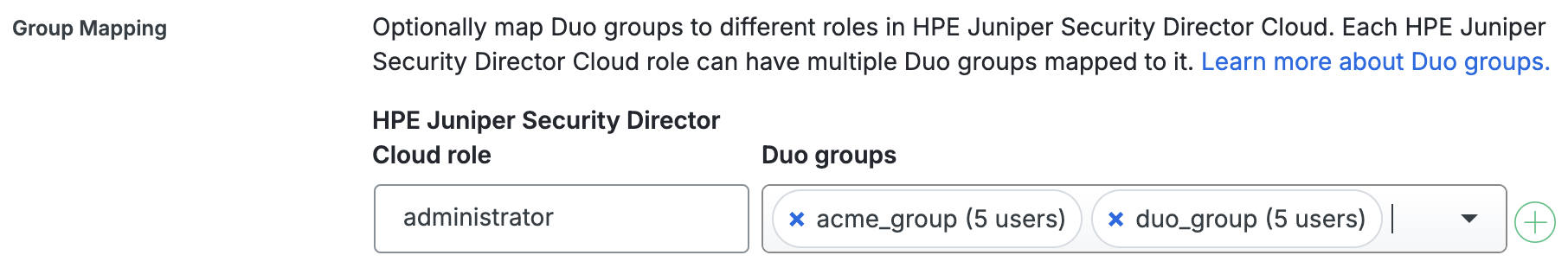 Duo HPE Juniper Security Director Cloud Group Mapping Fields