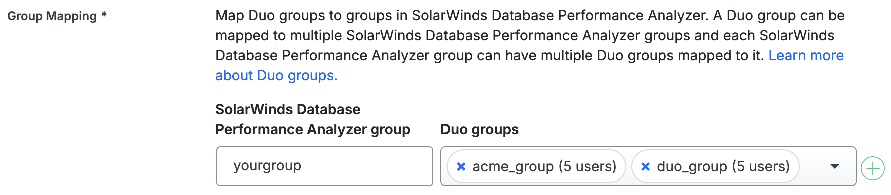 Duo SolarWinds Database Performance Analyzer Group Mapping Fields