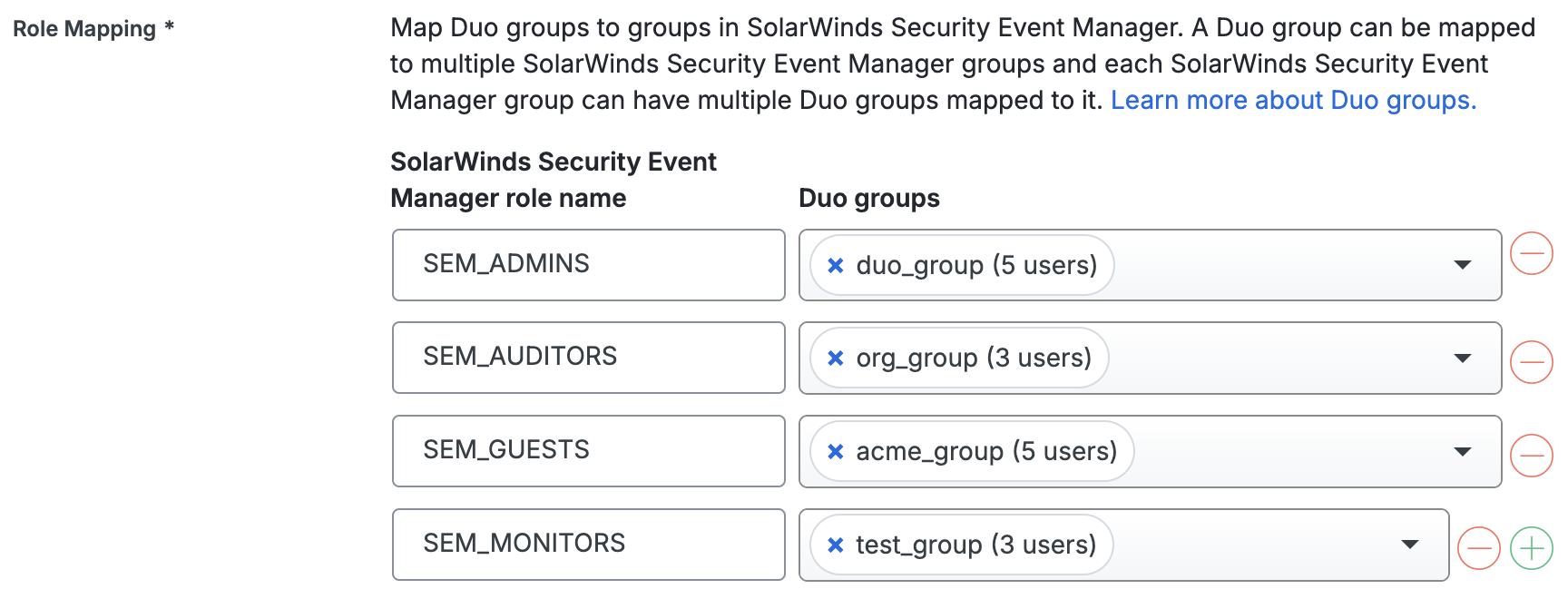 Duo SolarWinds Security Event Manager Group Mapping