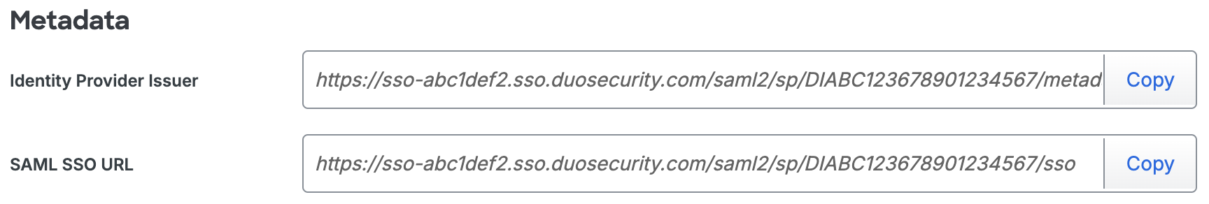 Duo Zonka Feedback Identity Provider Metadata URLs
