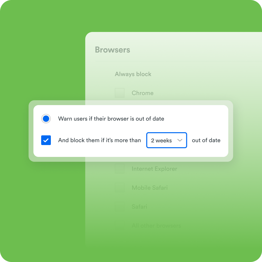 Screenshot of the Duo platform enforcing security settings with browser update requirements.