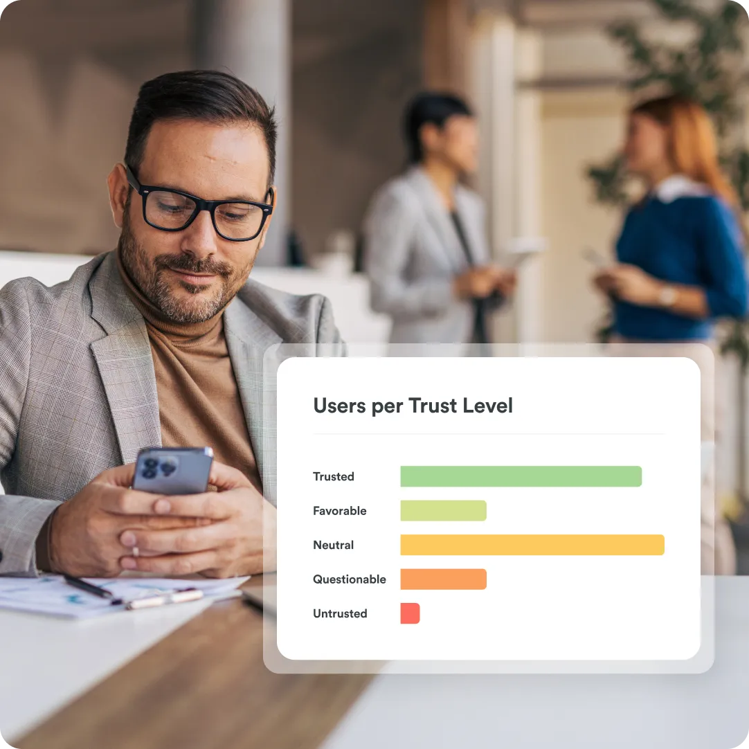 User looking at their phone and a screenshot of Duo's users per trust level screen.