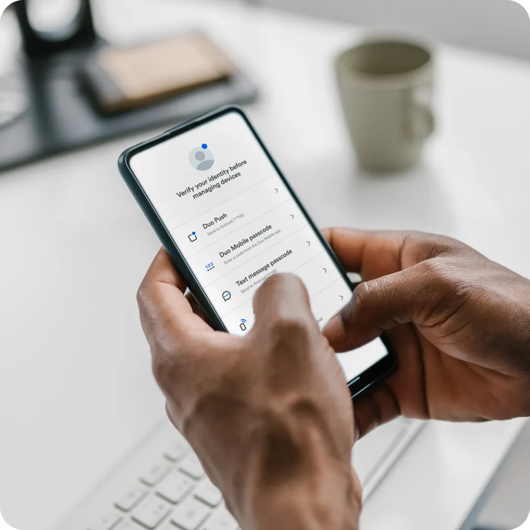 Prompt on mobile device for user to verify their identity with Duo Push, Duo Mobile or text message passcode.