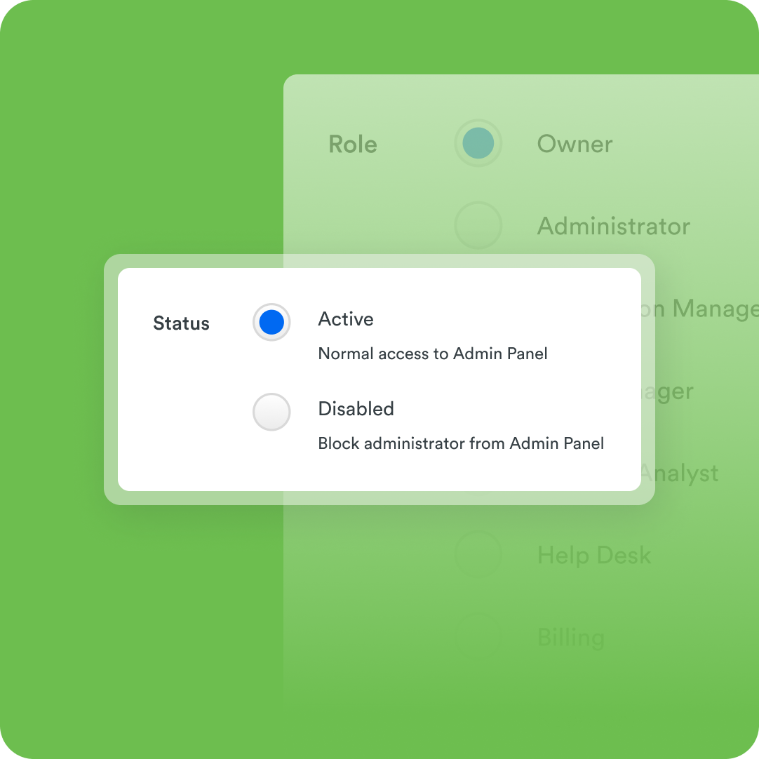 Role based access controls within the Duo application showcasing active and disabled options.