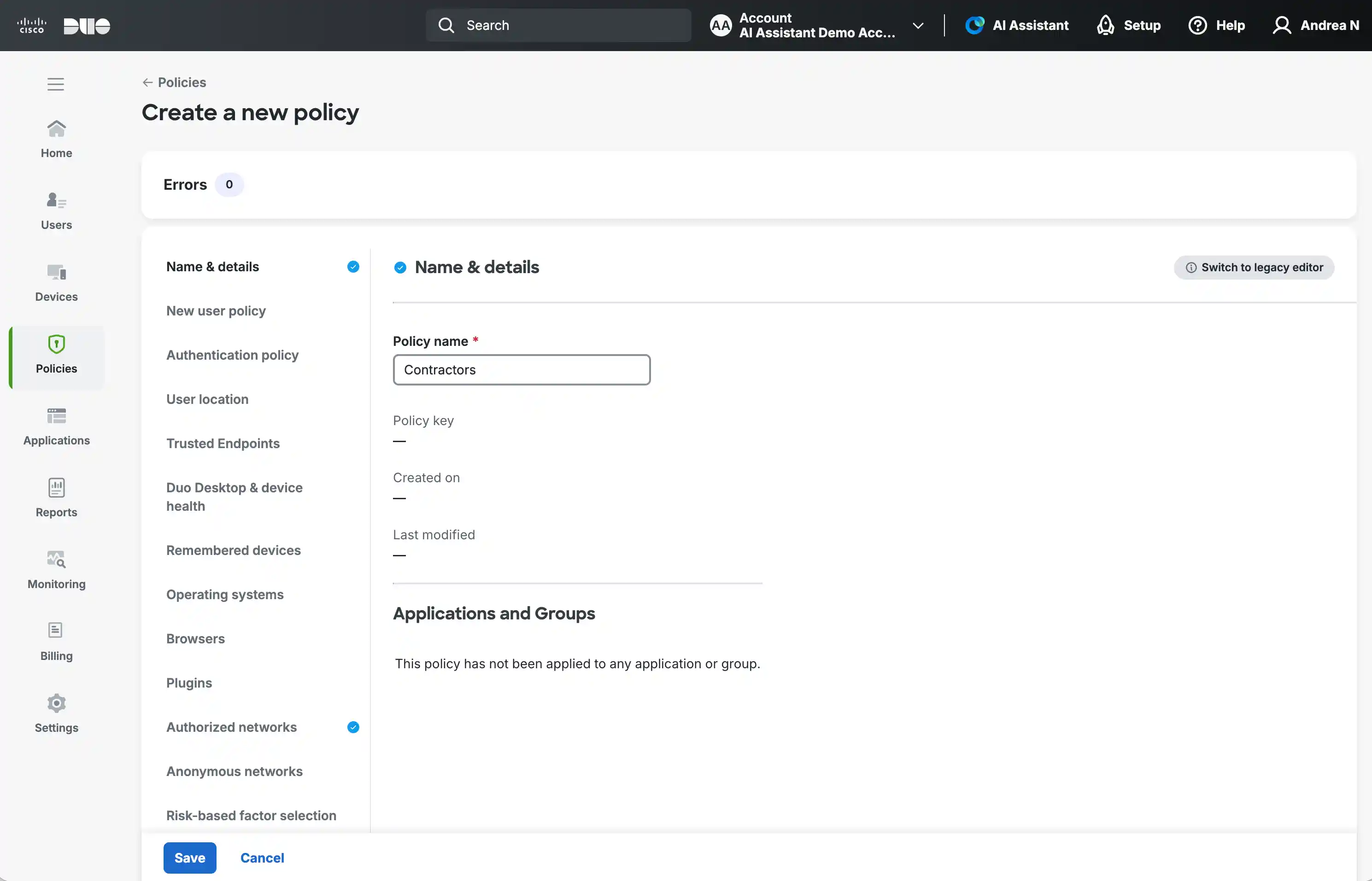 Duo Policy Editor Create a new policy screen