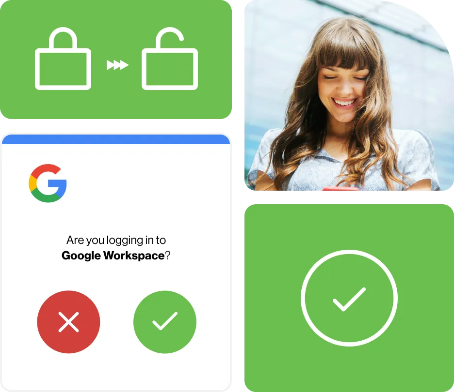 Duo Chrome Enterprise bento images security long in screen, access icon, check mark and woman smiling at log in on phone.