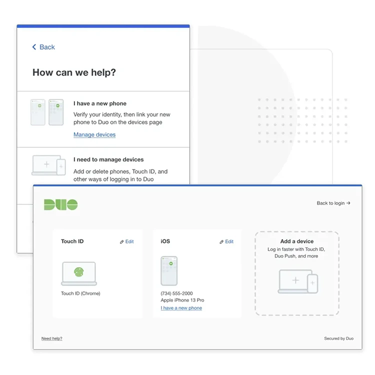 Duo’s self-service portal, showing users their current devices, authentication methods, and options for enrolling new devices.
